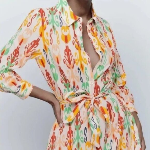 ZARA NWT The Melinda Midi Oyster White Printed Shirt Dress With Belt Size Small - Picture 3 of 15